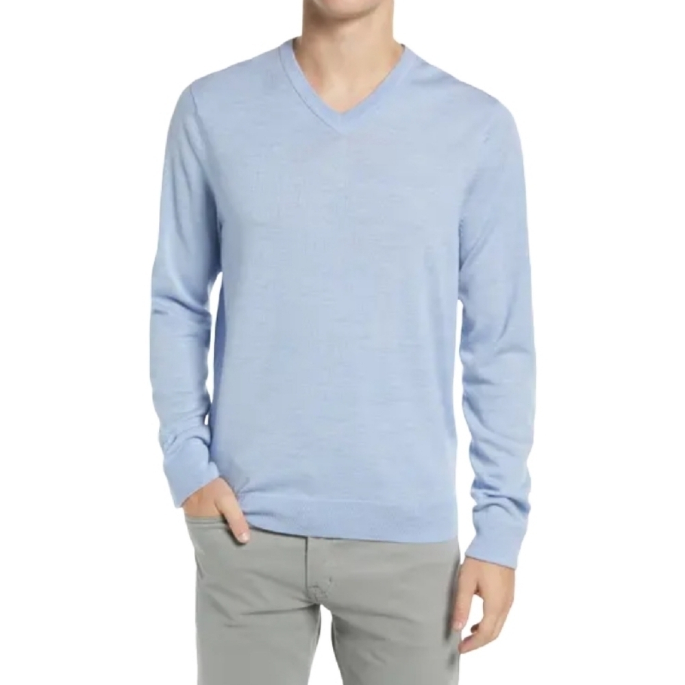 Nordstrom Merino Wool V-Neck Light Blue Sweater Sz L